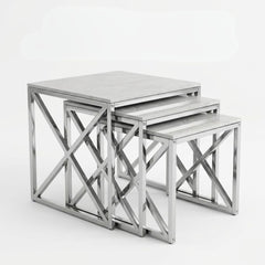 Aida Grey Ceramic Silver Base Nest of 3 Square Side Tables Set