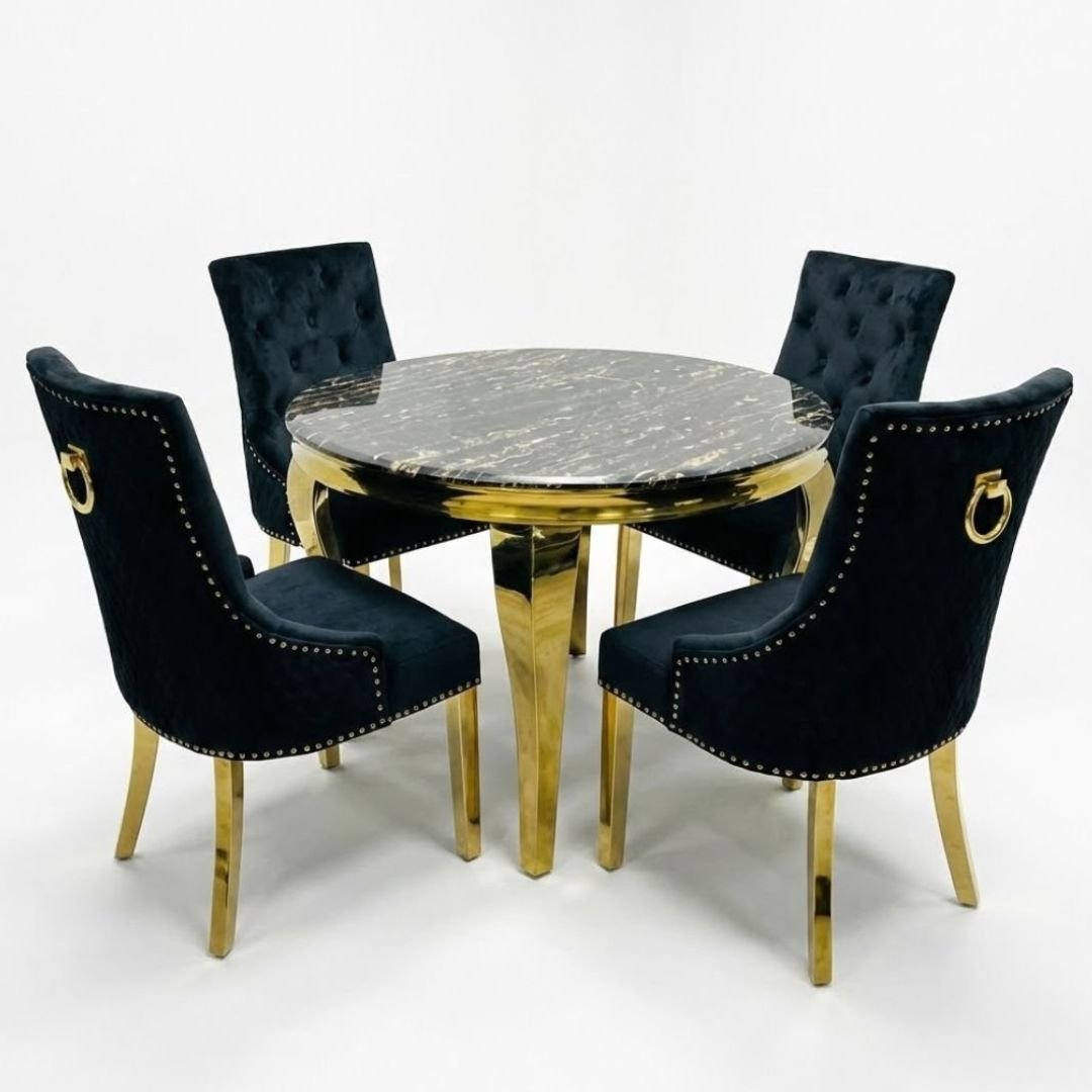 Sofia 1.1m Round Black Gold Dining Table & 4 Ring Back Dining Chairs