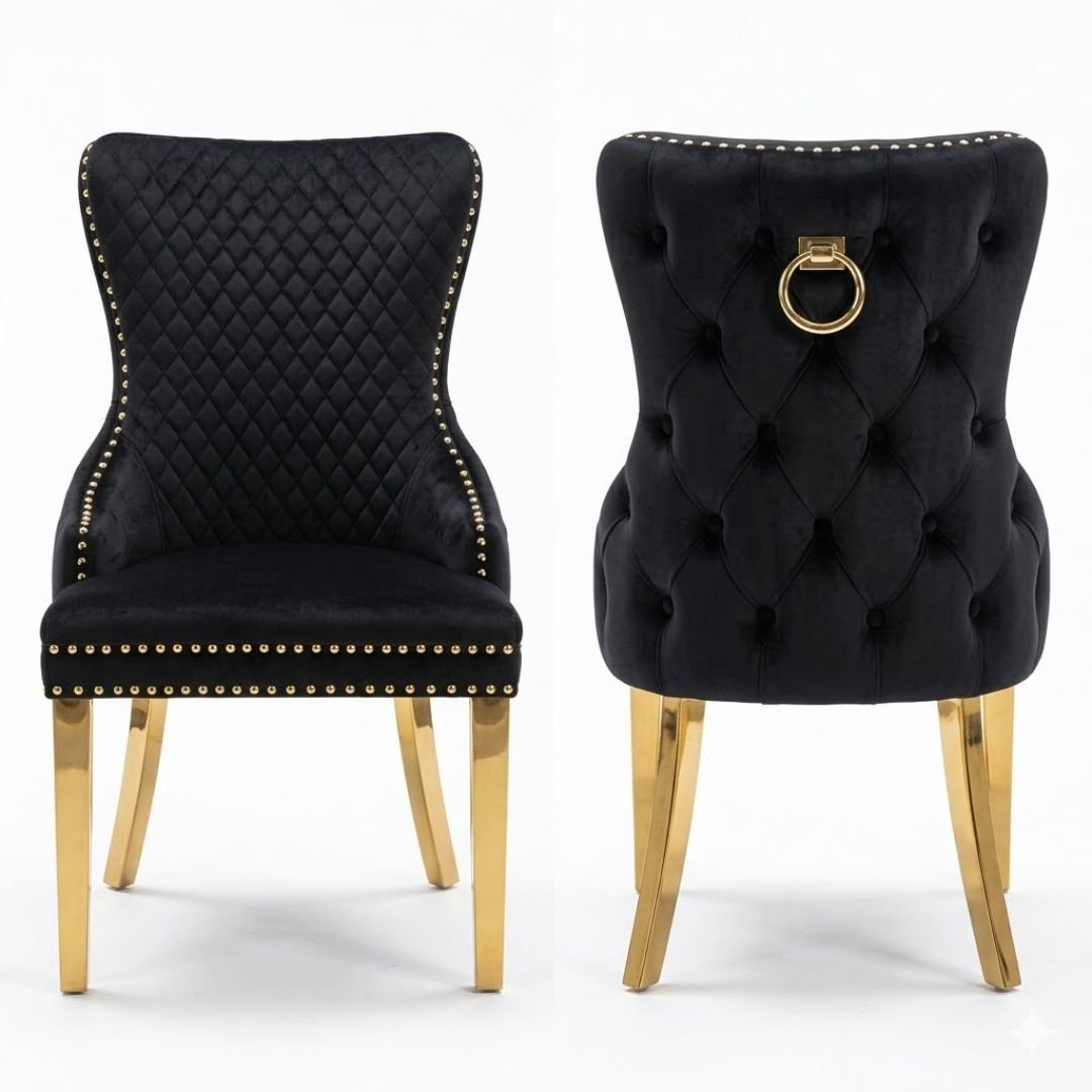 Set of 2 Black Victoria Dining Chairs with Ring Knocker & Gold Legs