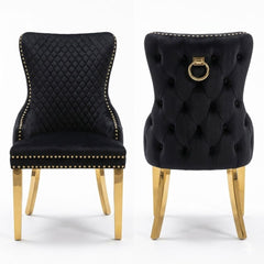 Set of 2 Black Victoria Dining Chairs with Ring Knocker & Gold Legs