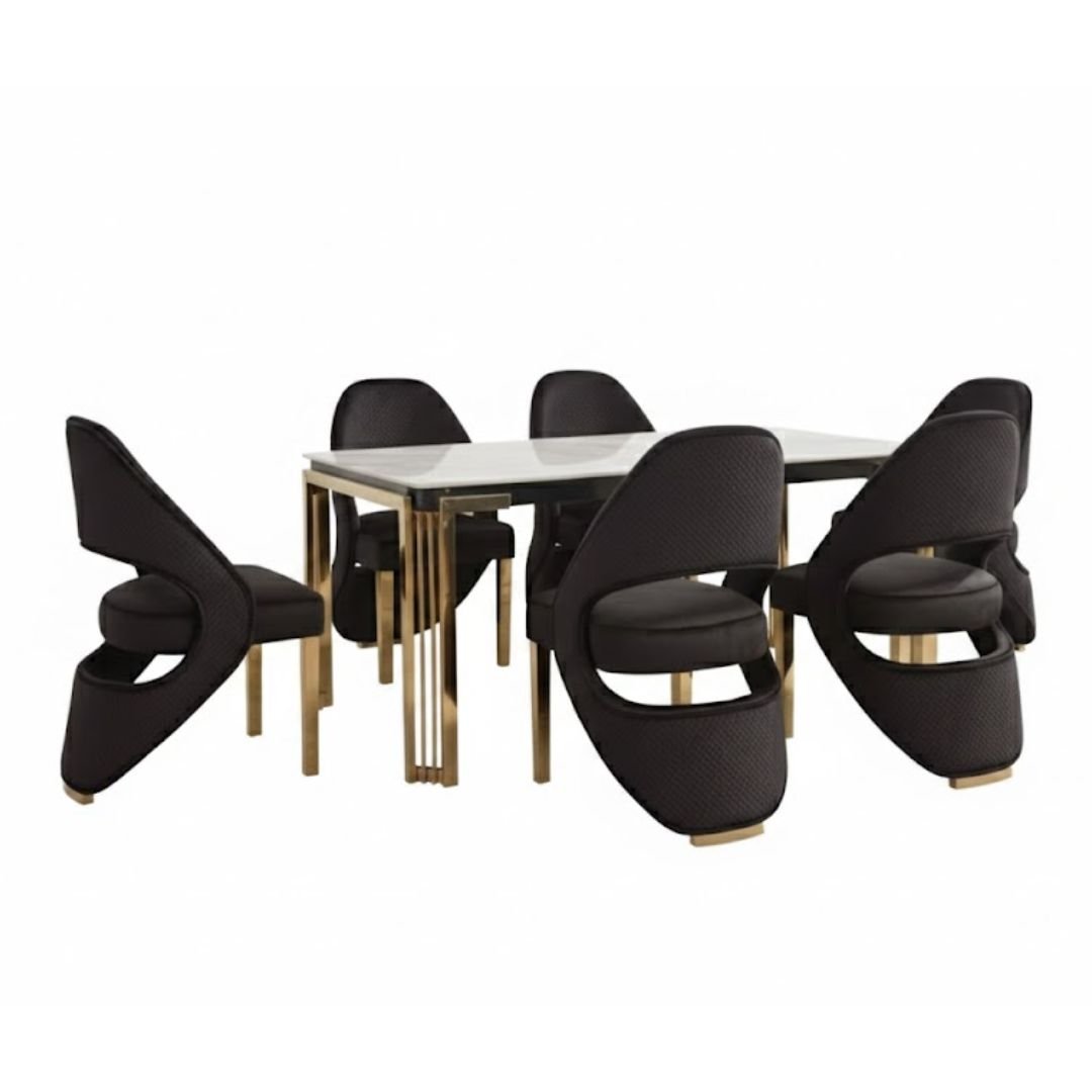 Sorrento White Marble 180cm Table & 6 Santorini Black & Gold Chairs
