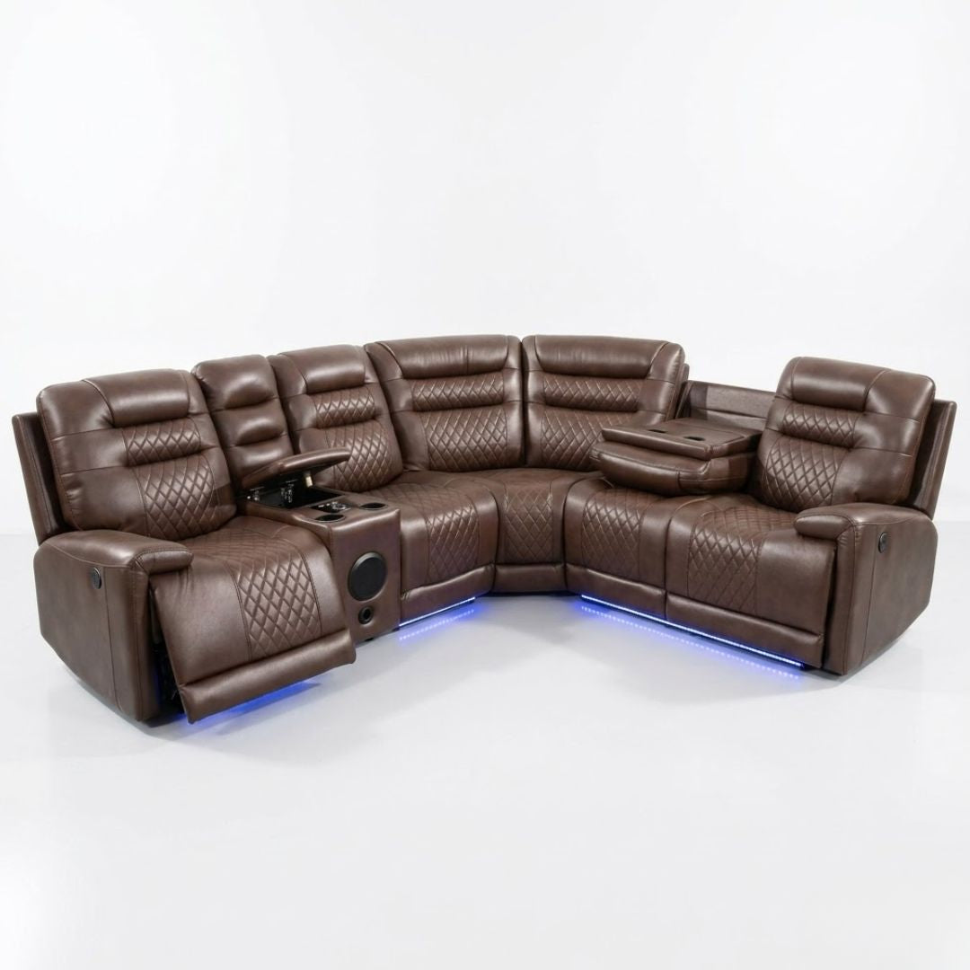 Daytona Brown Electric Leather Corner Recliner - Bluetooth & LED