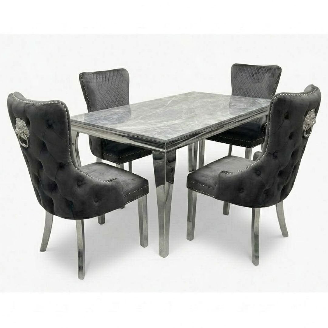 Sofia 1.2m Grey Marble Table & 4 Victoria Grey Lion Silver Chairs