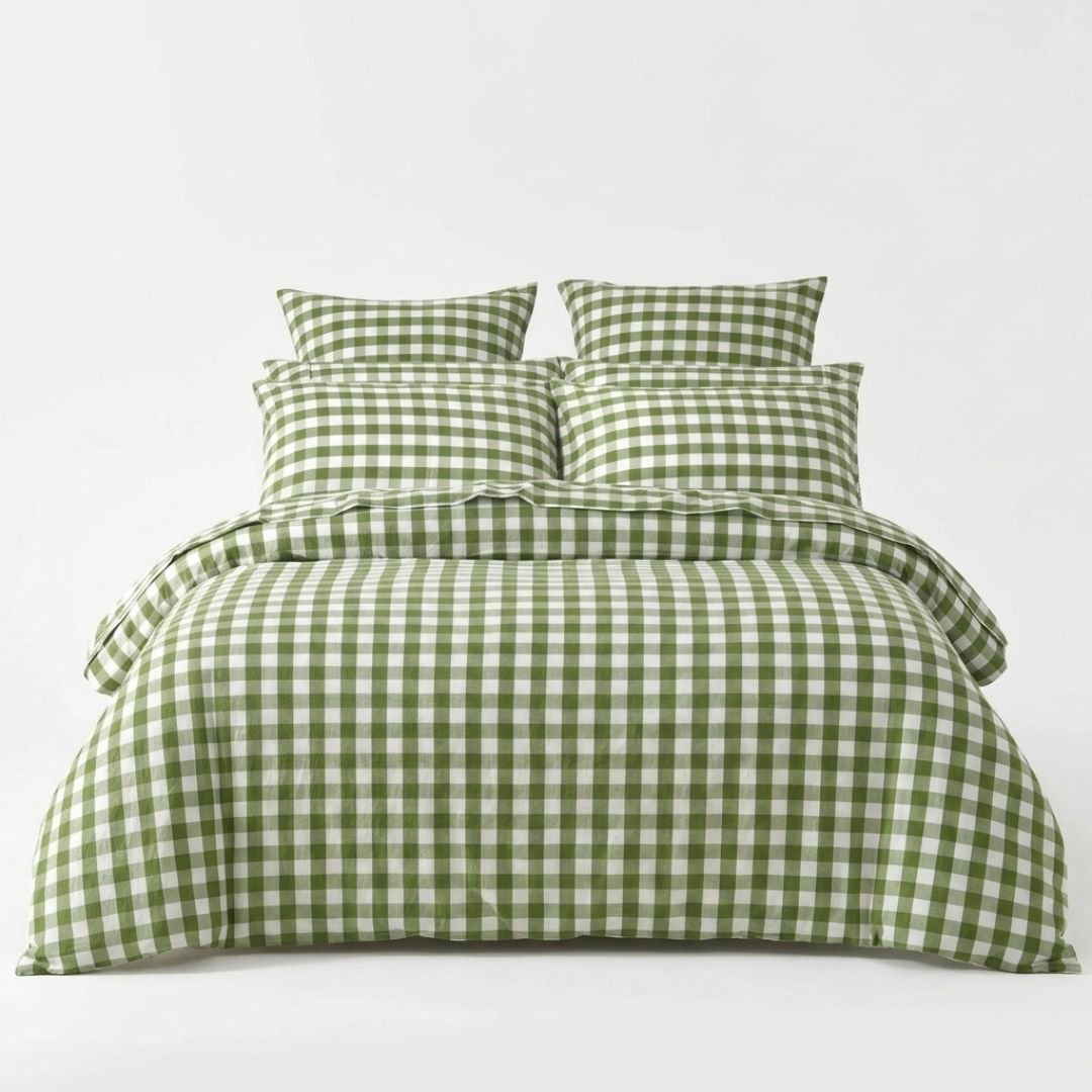 Gaveno Cavailia Green Gingham Double Duvet Cover Microfibre Bed Set