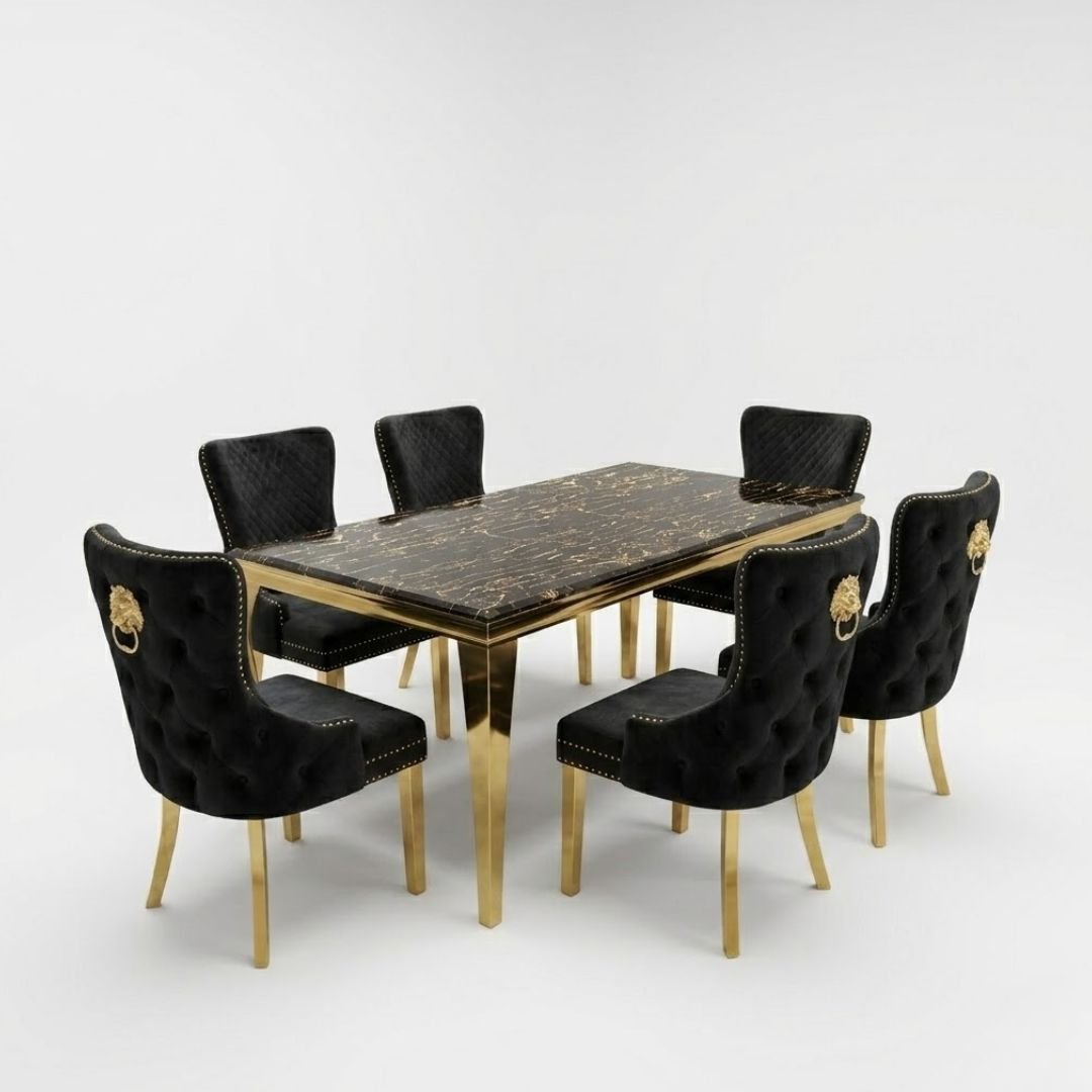 Sofia 1.8m Black & Gold Marble Table & 6 Victoria Black Lion Chairs