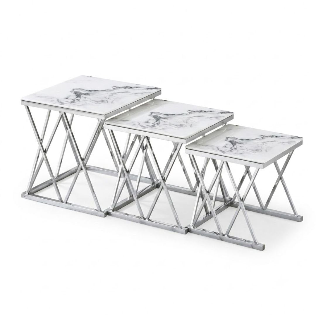 Maidah Silver Nest of 3 Tables with White Marble Top & Steel Frame