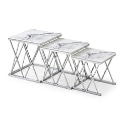 Maidah Silver Nest of 3 Tables with White Marble Top & Steel Frame