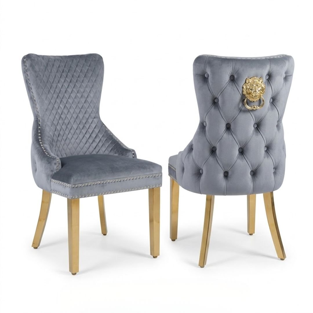 Set of 2 Grey Victoria Dining Chairs Gold Leg | Home Luxe Interior