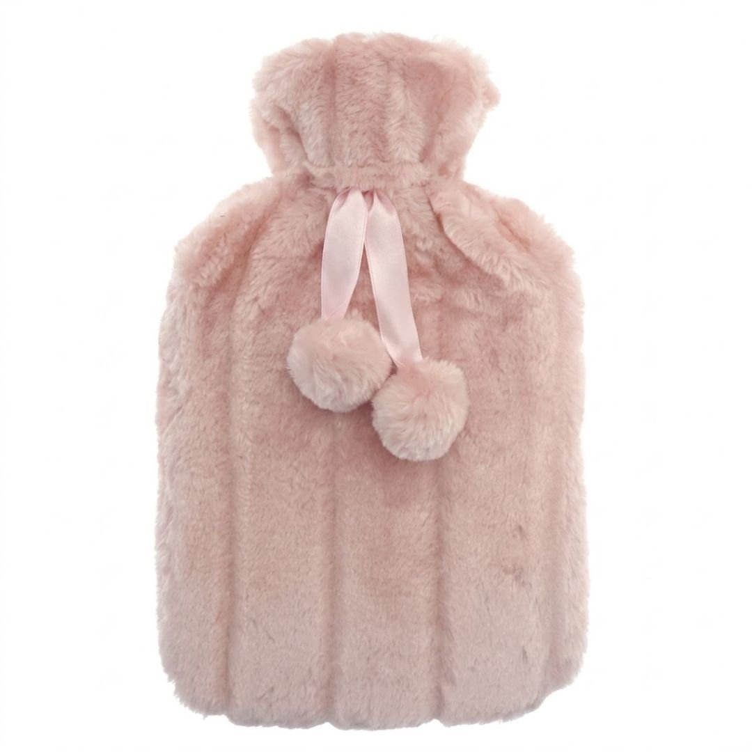 Pink 2L Faux Fur Hot Water Bottle - Luxury Plush Pom Pom Winter Gift