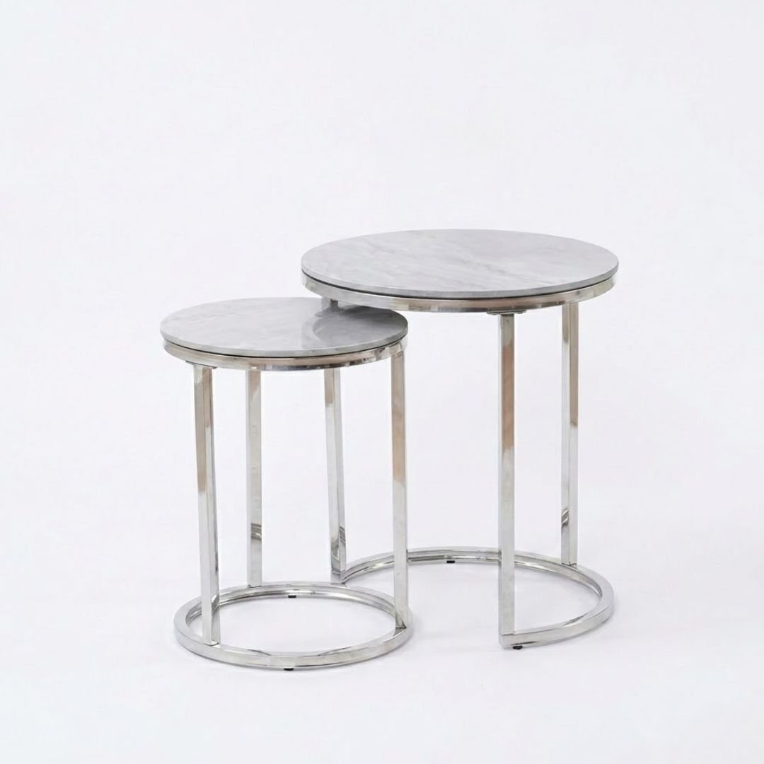 Aiza White Marble Effect Nest of 2 Side Tables - Modern Grey Frame