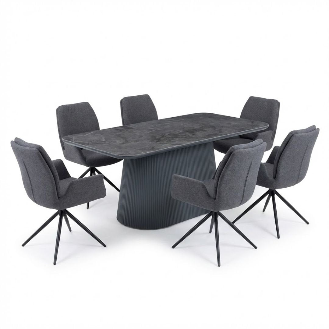 Davos 180cm Grey Ceramic Oval Table & 6 Fairmont Grey Swivel Chairs