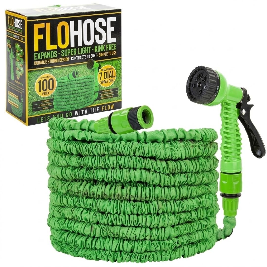 Flohose 30m Expanding Garden Hose with 7-Dial Spray Gun - Kink-Free
