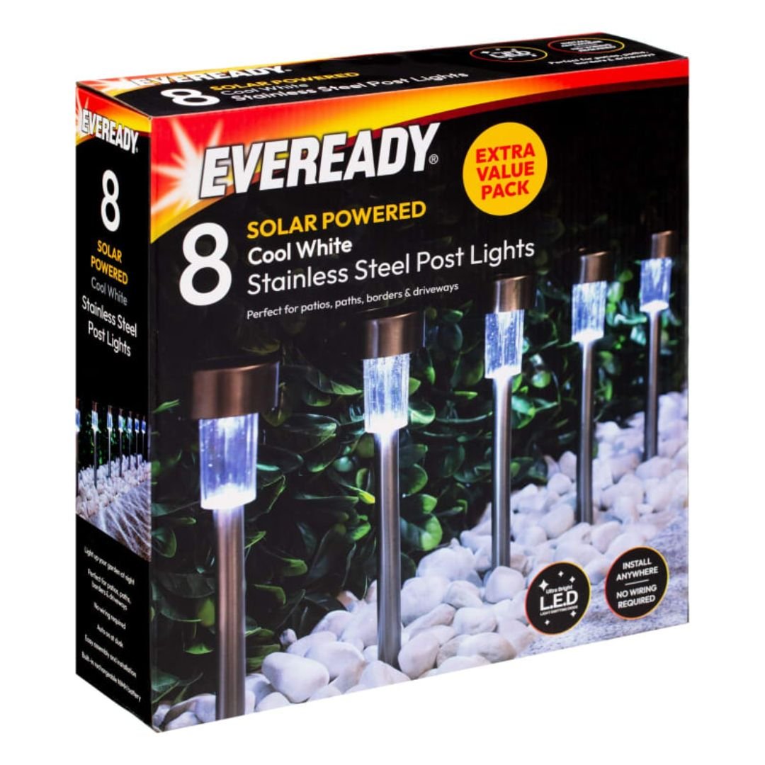 Eveready 8pk White Solar LED Post Lights - Outdoor Garden Path Decor
