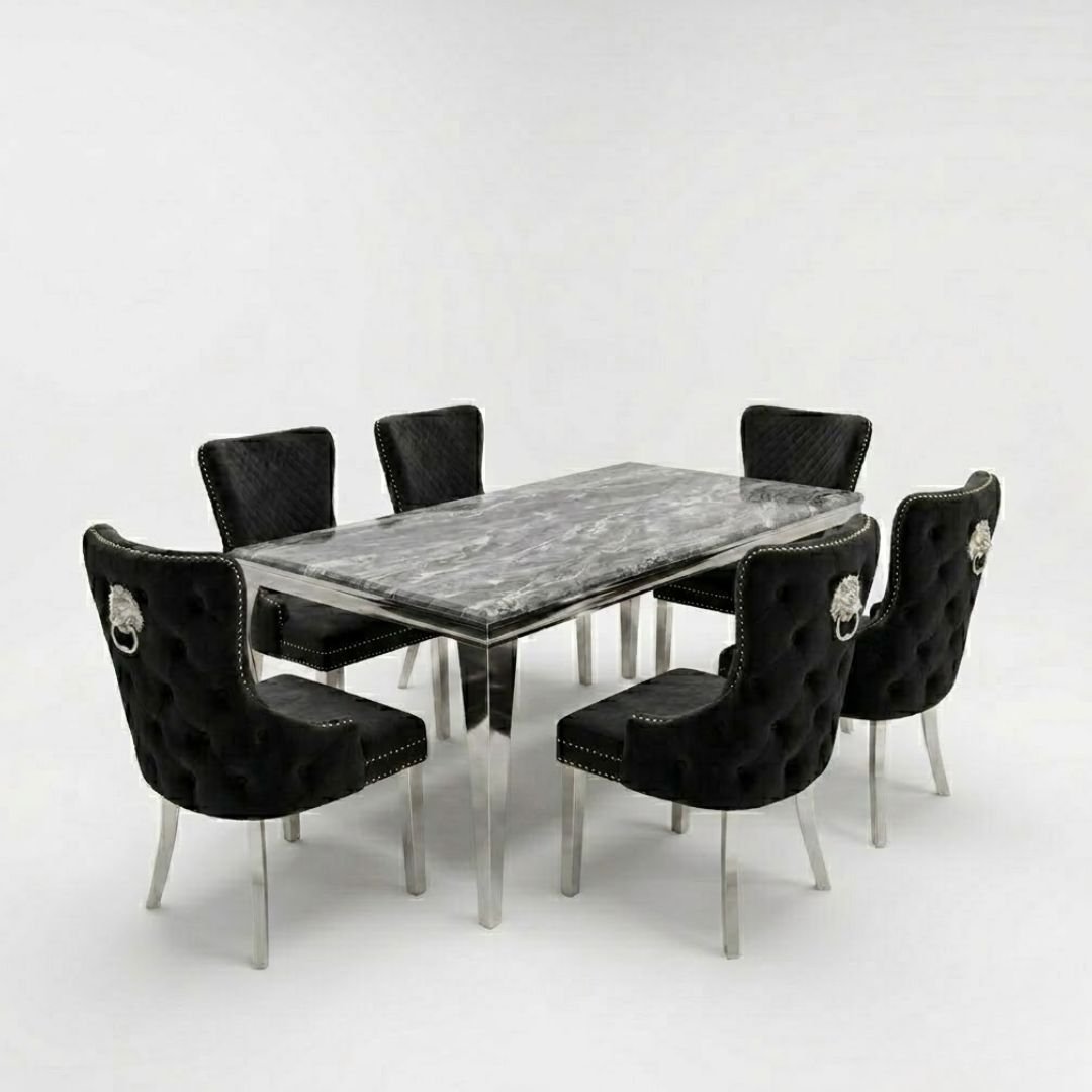 Sofia 1.8m Grey Marble Dining Table & 6 Victoria Black Silver Chairs