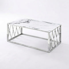Alba Silver Coffee Table with White Marble Top & Steel Frame 120cm