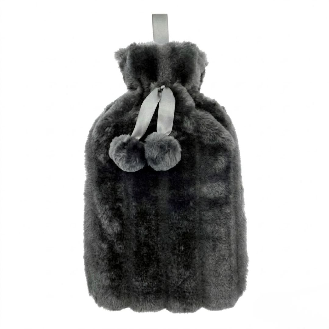 Black 2L Faux Fur Hot Water Bottle - Luxury Plush Pom Pom Winter Gift