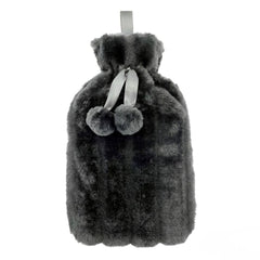 Black 2L Faux Fur Hot Water Bottle - Luxury Plush Pom Pom Winter Gift