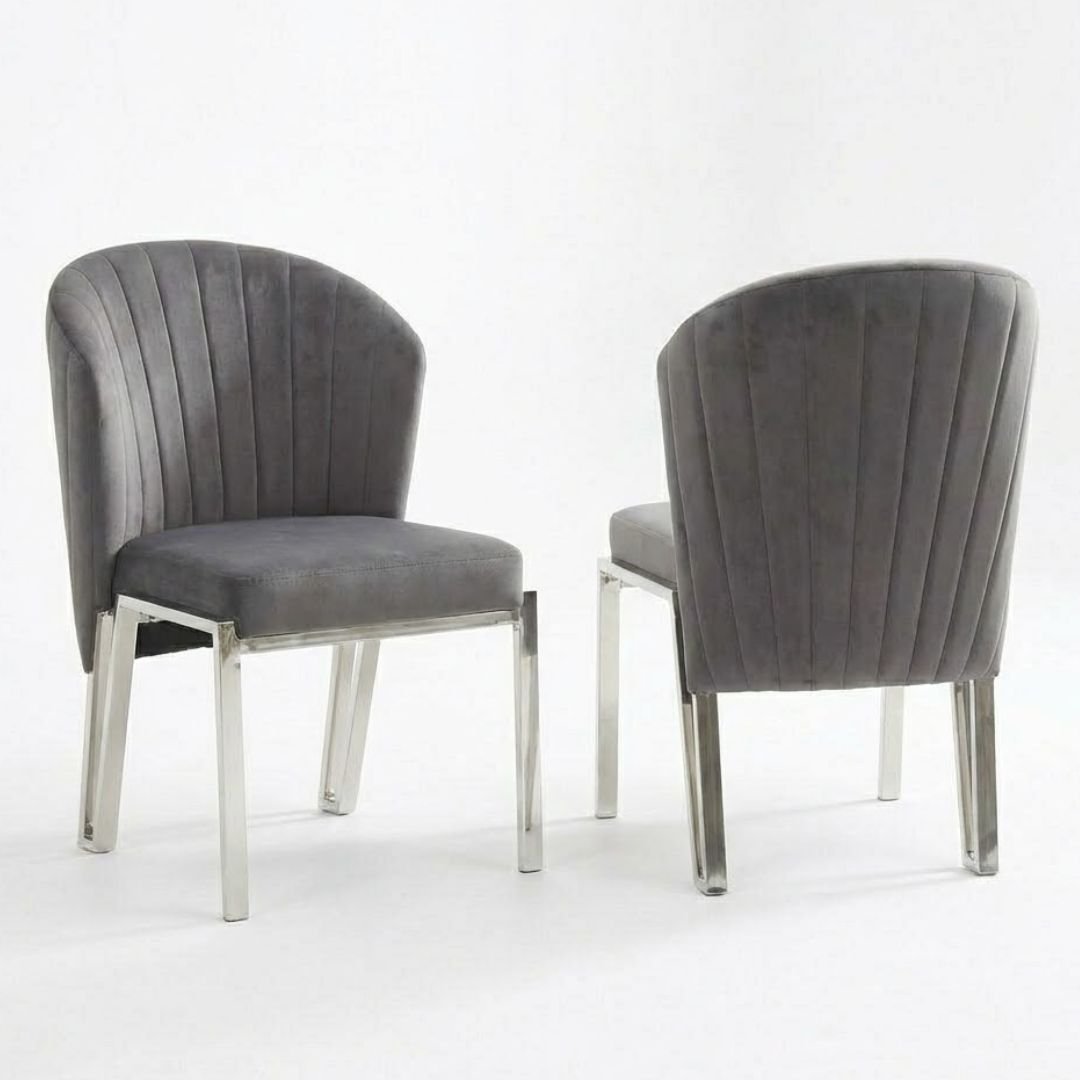 Set of 2 Grey Velvet Fabio Dining Chairs with Modern Silver Frame