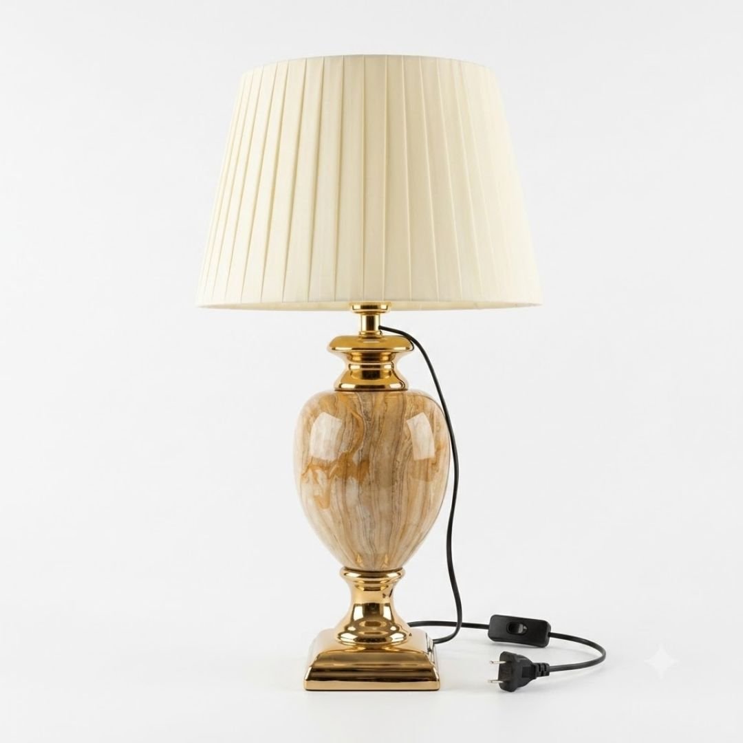 Medium Cream & Gold Marble Table Lamp with Pleated Shade 61cm Tall
