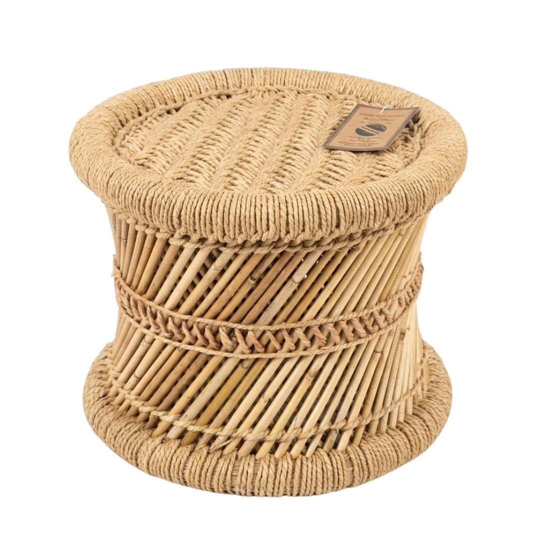 About Home Handcrafted Bamboo Footstool - Round Natural Rattan Pouffe