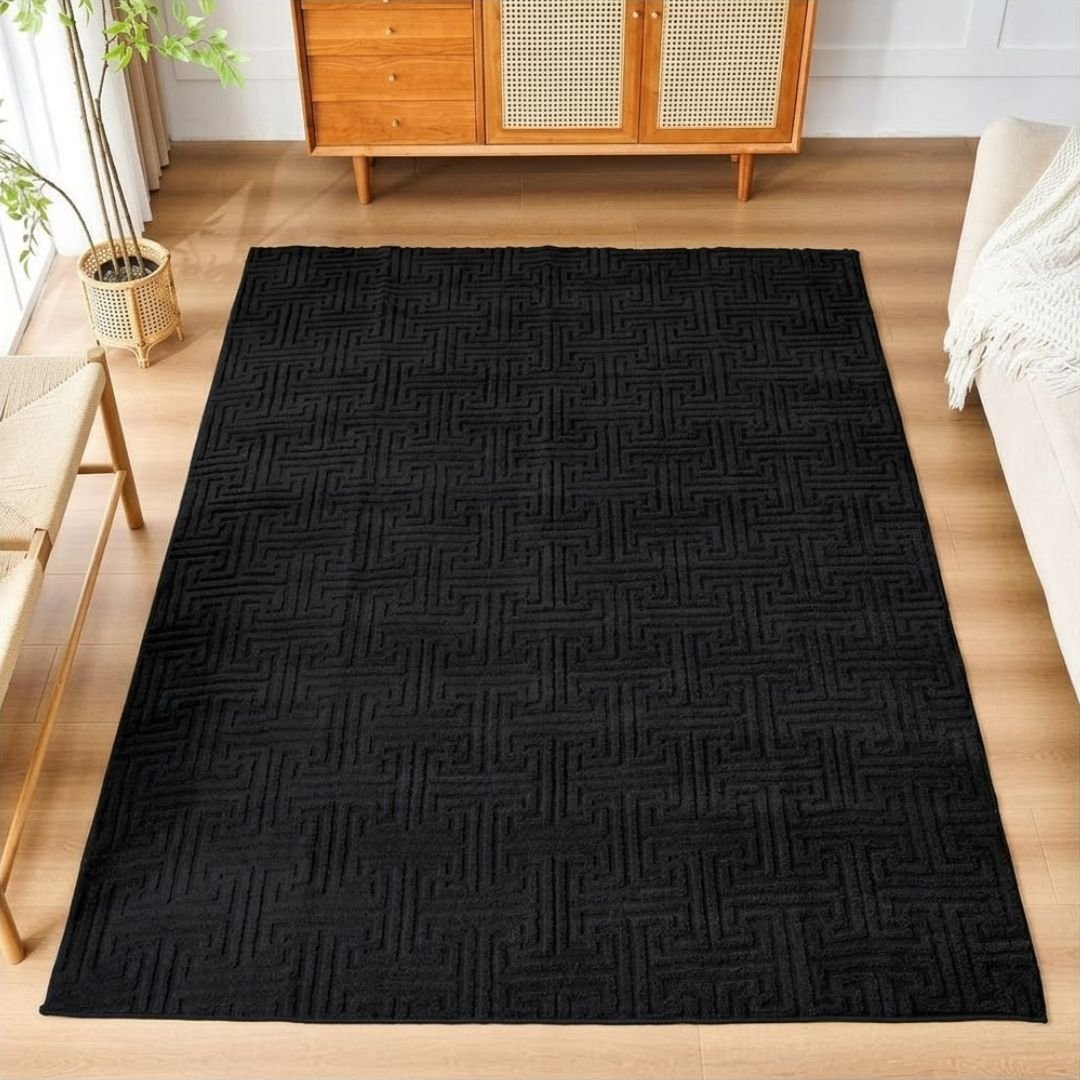 Greek Style Black Rug 160x230cm | Washable Anti-Slip Living Room Carpet