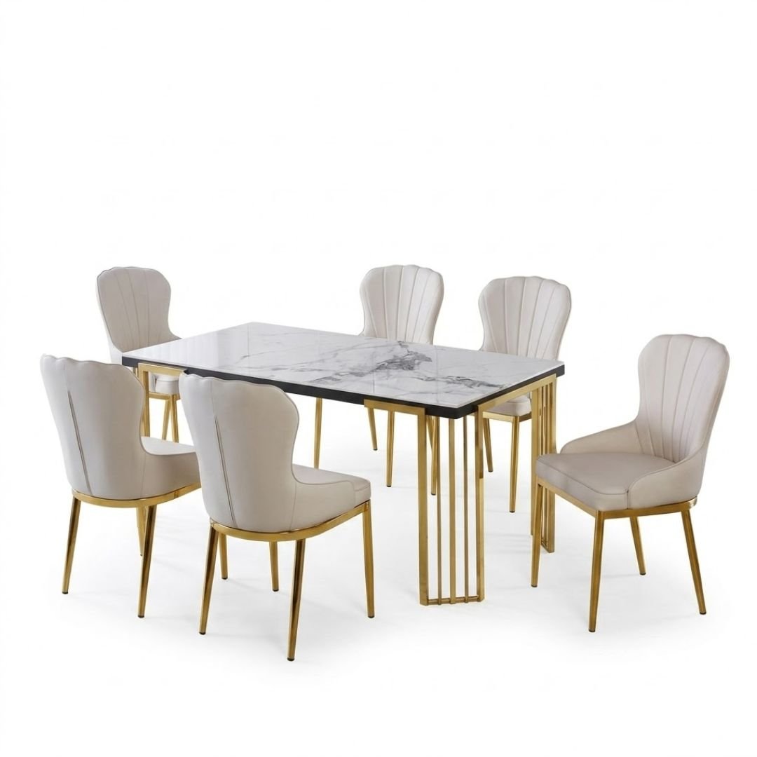 Cindy White Sintered Stone Dining Table & 6 Ivory Mia Chairs Set