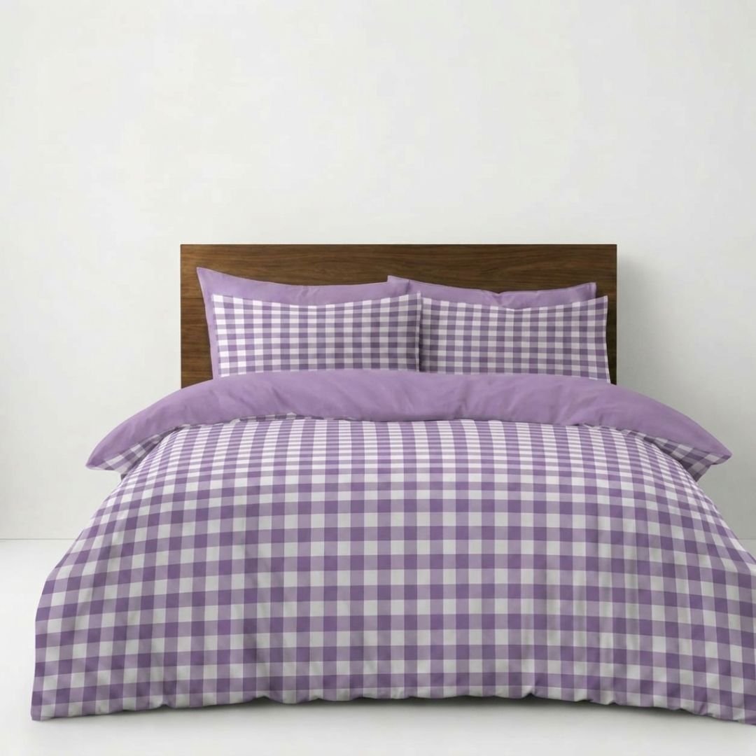 Gaveno Cavailia Lilac Gingham Double Duvet Cover Microfibre Bed Set