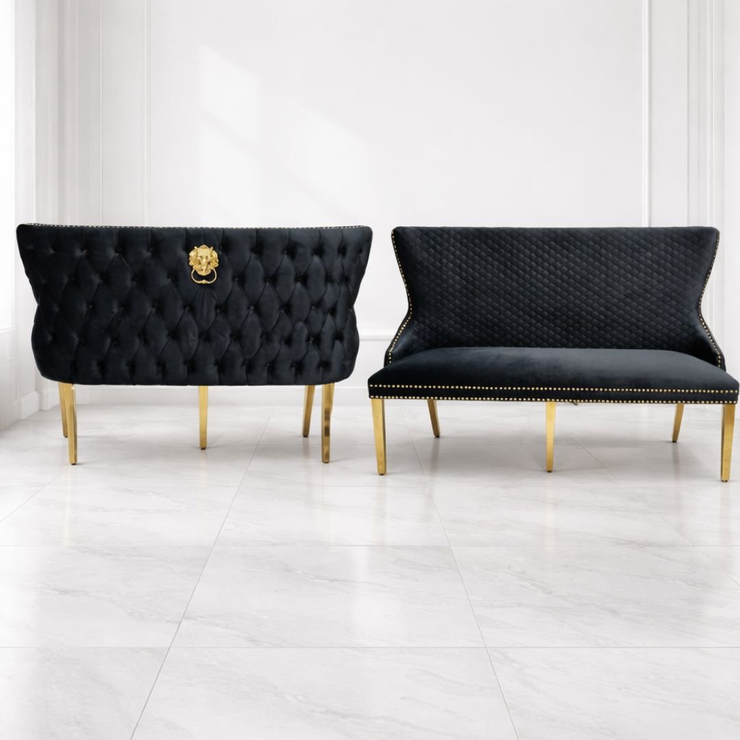 Victoria Black Shimmer Fabric Luxury Bench with Gold Lion Knocker