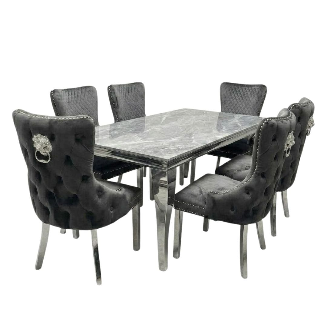 Sofia 1.8m Grey Marble Dining Table & 6 Victoria Grey Silver Chairs