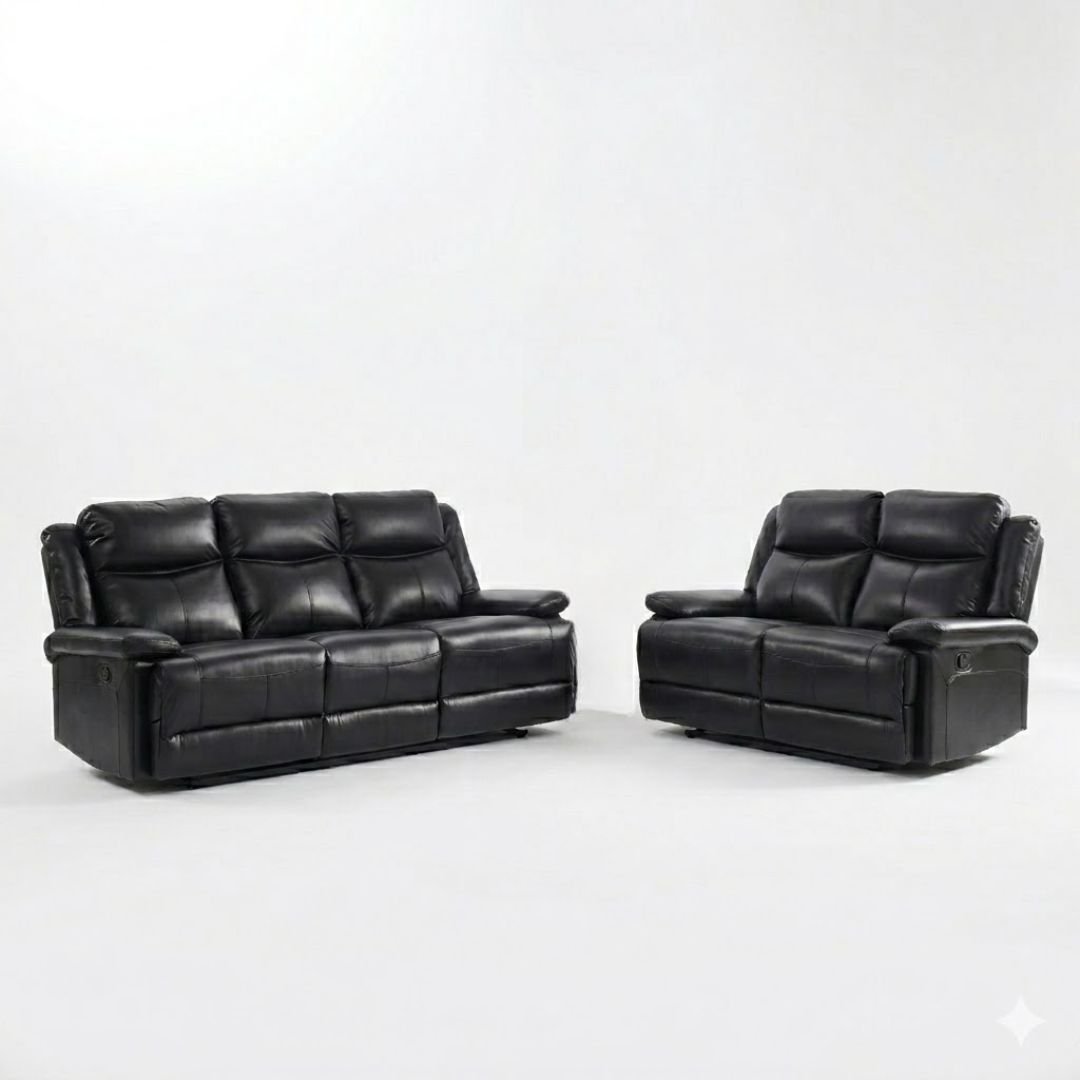 Casper Black Leather 3 and 2 Seater Manual Recliner Sofa Set Pack