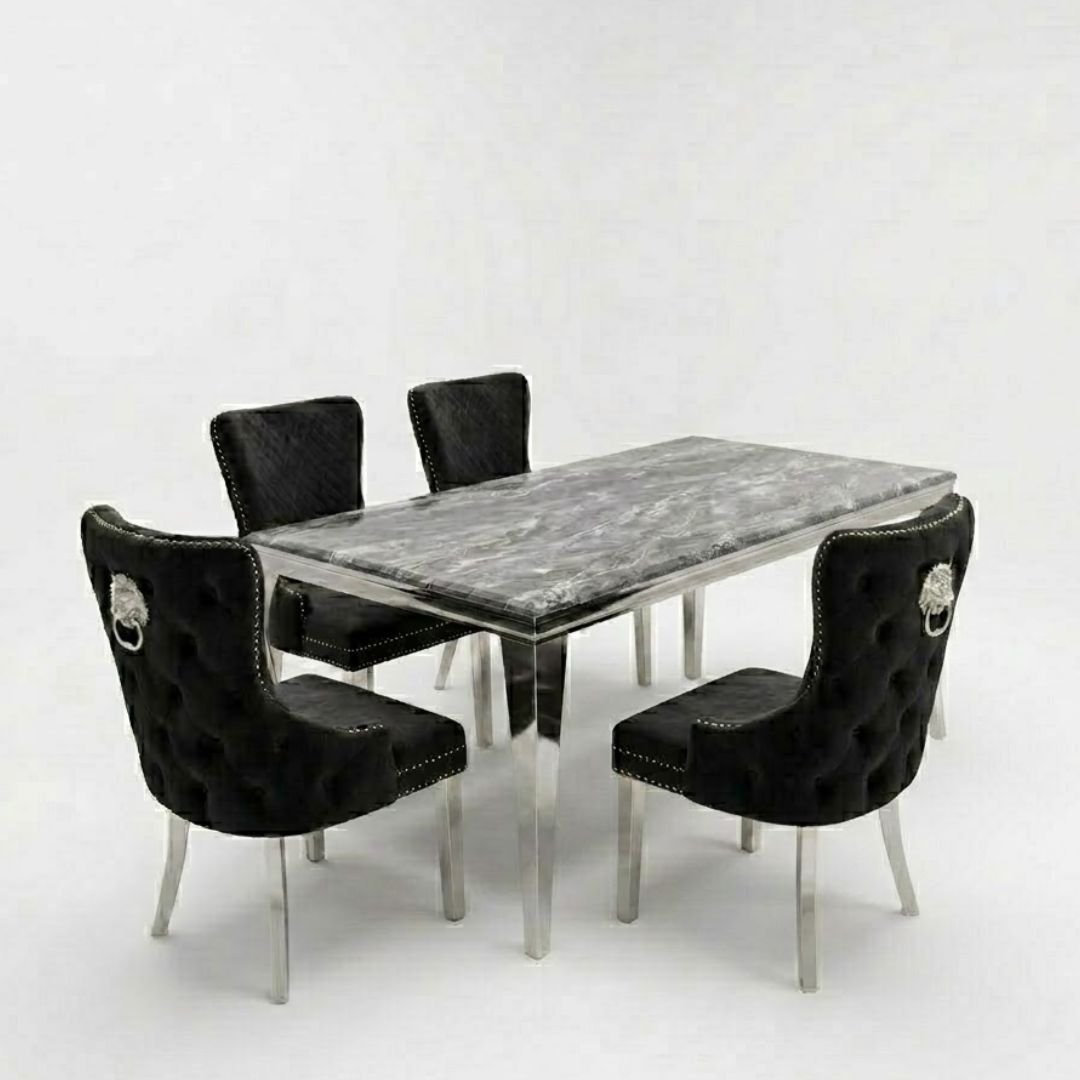 Sofia 1.5m Grey Marble Dining Table & 4 Victoria Black Silver Chairs