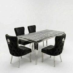 Sofia 1.5m Grey Marble Dining Table & 4 Victoria Black Silver Chairs