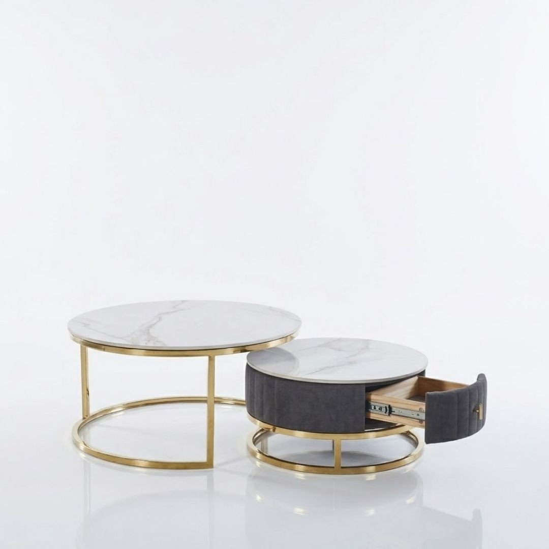 Melrose White Marble Nesting Coffee Tables Set of 2 with Storage