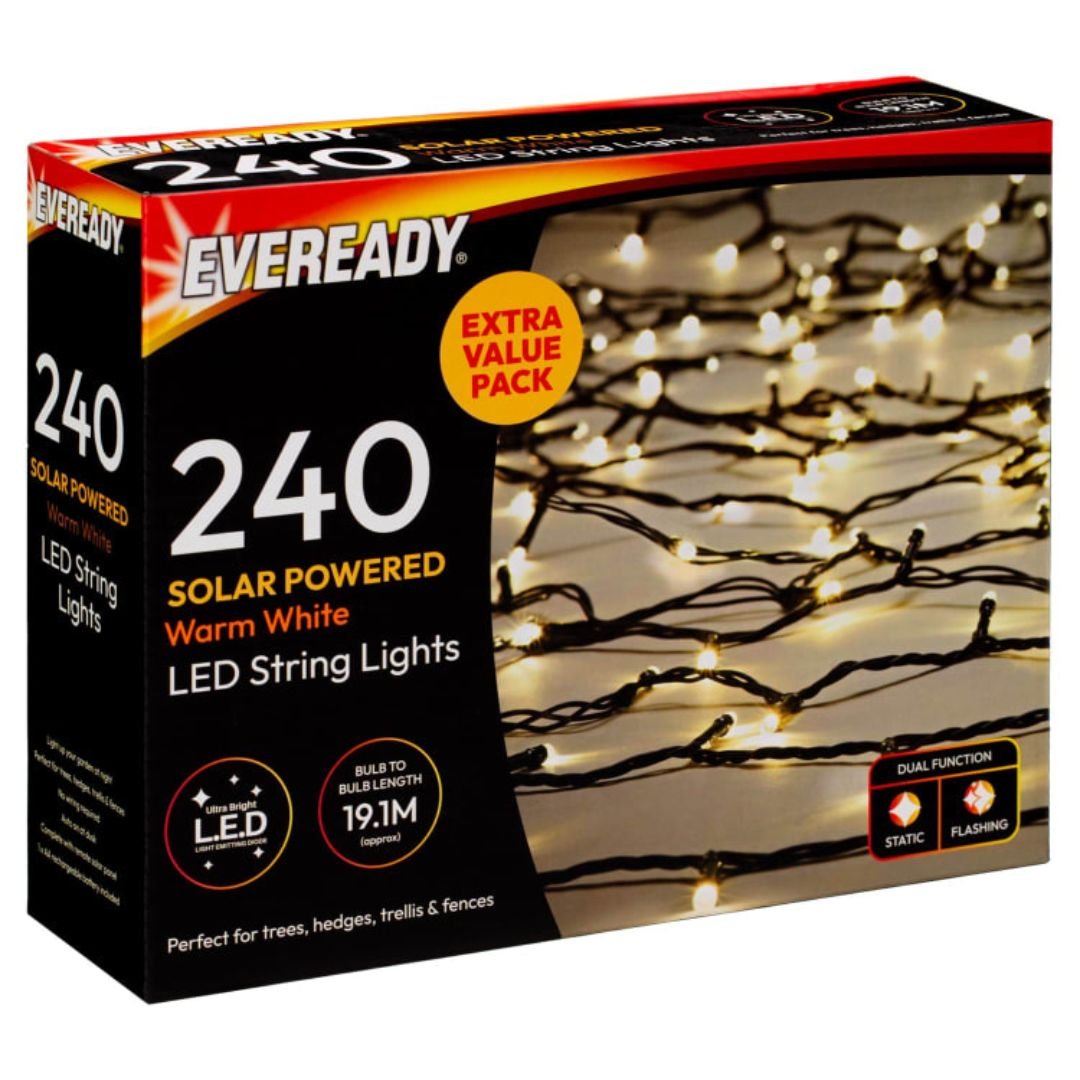 Eveready 240 Warm White LED Solar String Lights - 19.1m Garden Decor