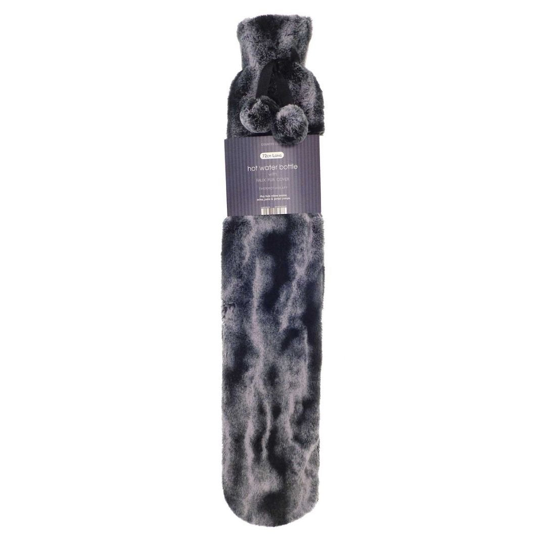Country Club Charcoal Long Hot Water Bottle - Two Tone Faux Fur Cover