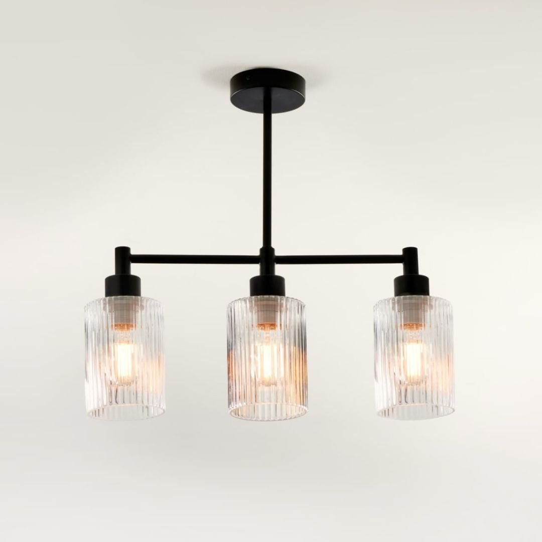 Ribbed Glass 3-Pendant Ceiling Light - Modern Black & Glass Fixture