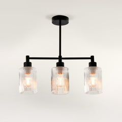 Ribbed Glass 3-Pendant Ceiling Light - Modern Black & Glass Fixture