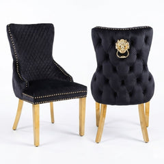 Set of 2 Victoria Black Velvet & Gold Dining Chairs with Lion Ring Knocker – Home Luxe Interior