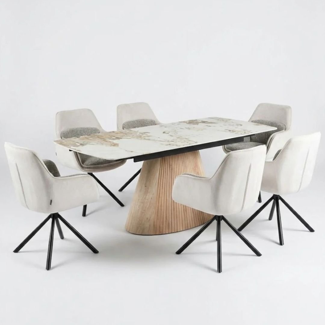 Monaco Beige Stone Extending Dining Set 6 Florence Swivel Chairs
