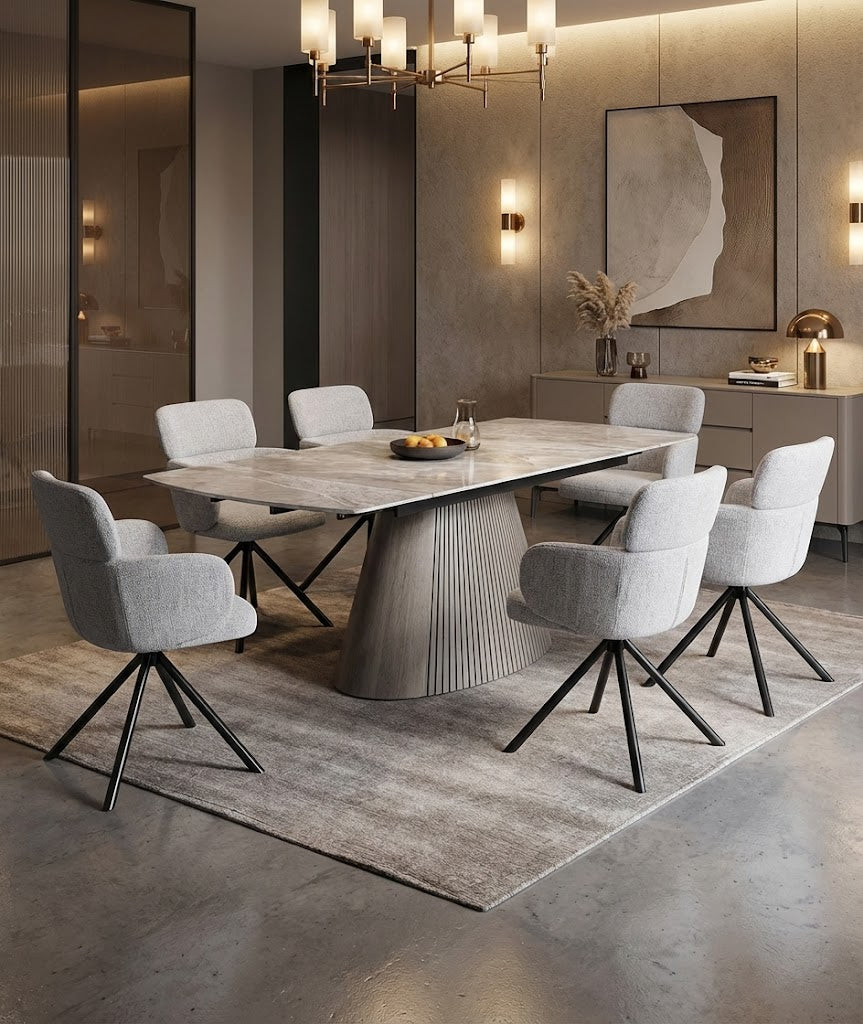 Monaco Grey Stone Extending Dining Set 6 Tuscany Swivel Chairs