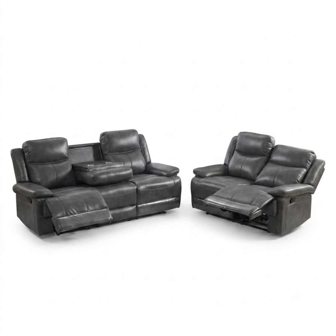 Casper Grey Leather 3 and 2 Seater Manual Recliner Sofa Set Pack