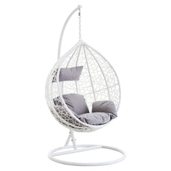 Goa White Rattan Effect Hanging Egg Chair Swing Grey Cushions
