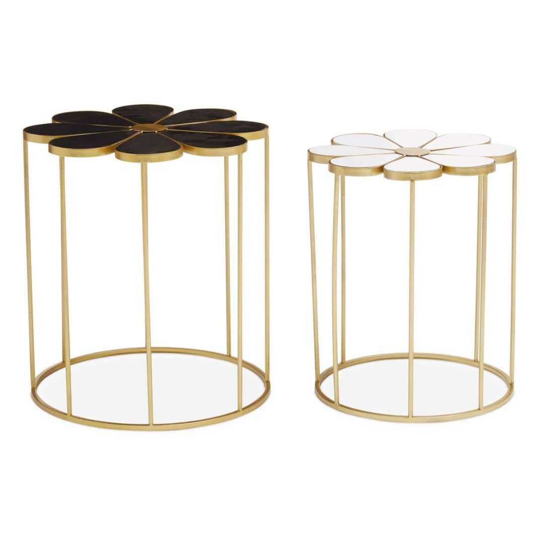 Jodie Set of 2 Petal Shaped Side Tables - Black, White & Gold Finish