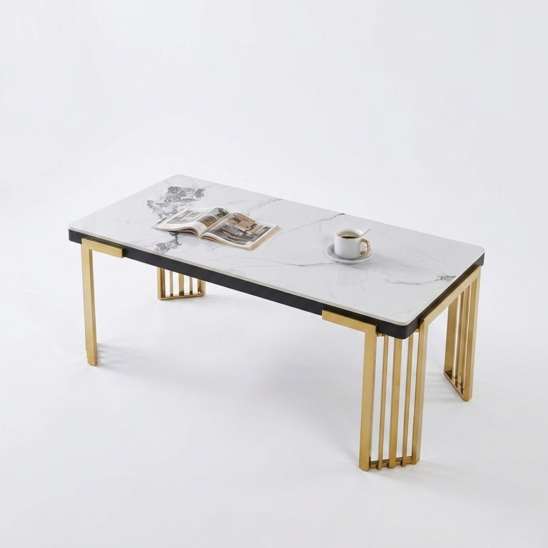 Cindy White Sintered Stone Coffee Table - Luxury Gold Geometric Base