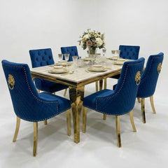 1.2 Sofia Cream Gold Marble Dining Table & 4 Blue Velvet Lion Chairs