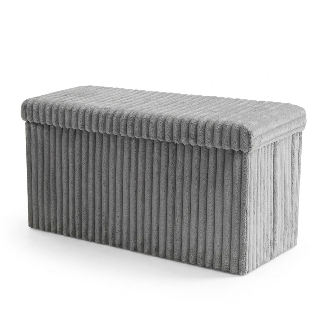 Grey Ribbed Fabric Storage Bench - Foldable Ottoman Ottoman Box 76cm