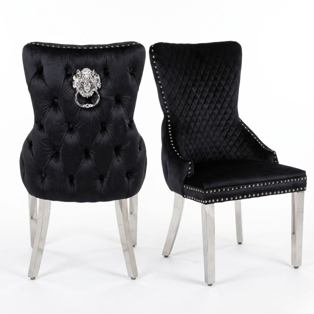 Set of 2 Black Victoria Dining Chairs with Lion Knocker Silver Legs