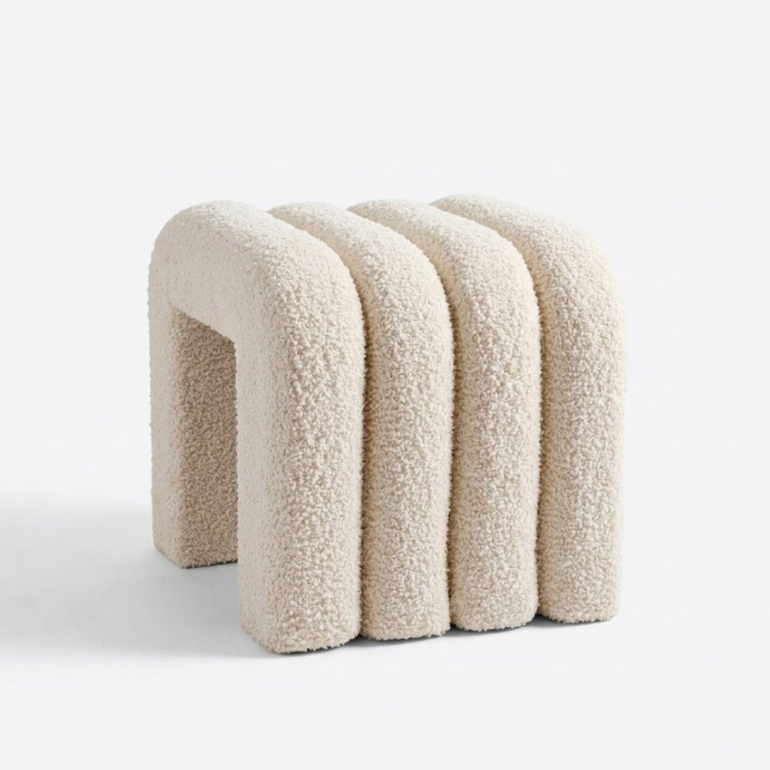 Teddy Arch Footstool White Plush Boucle Accent Seat for Living Room