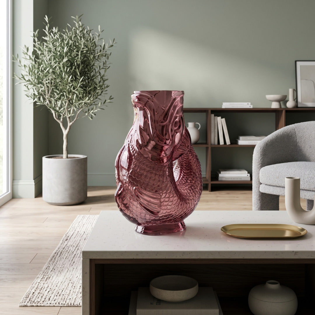 Home Luxe Plum Pink Glass Fish Shaped Flower Vase Home Decor | 30cm