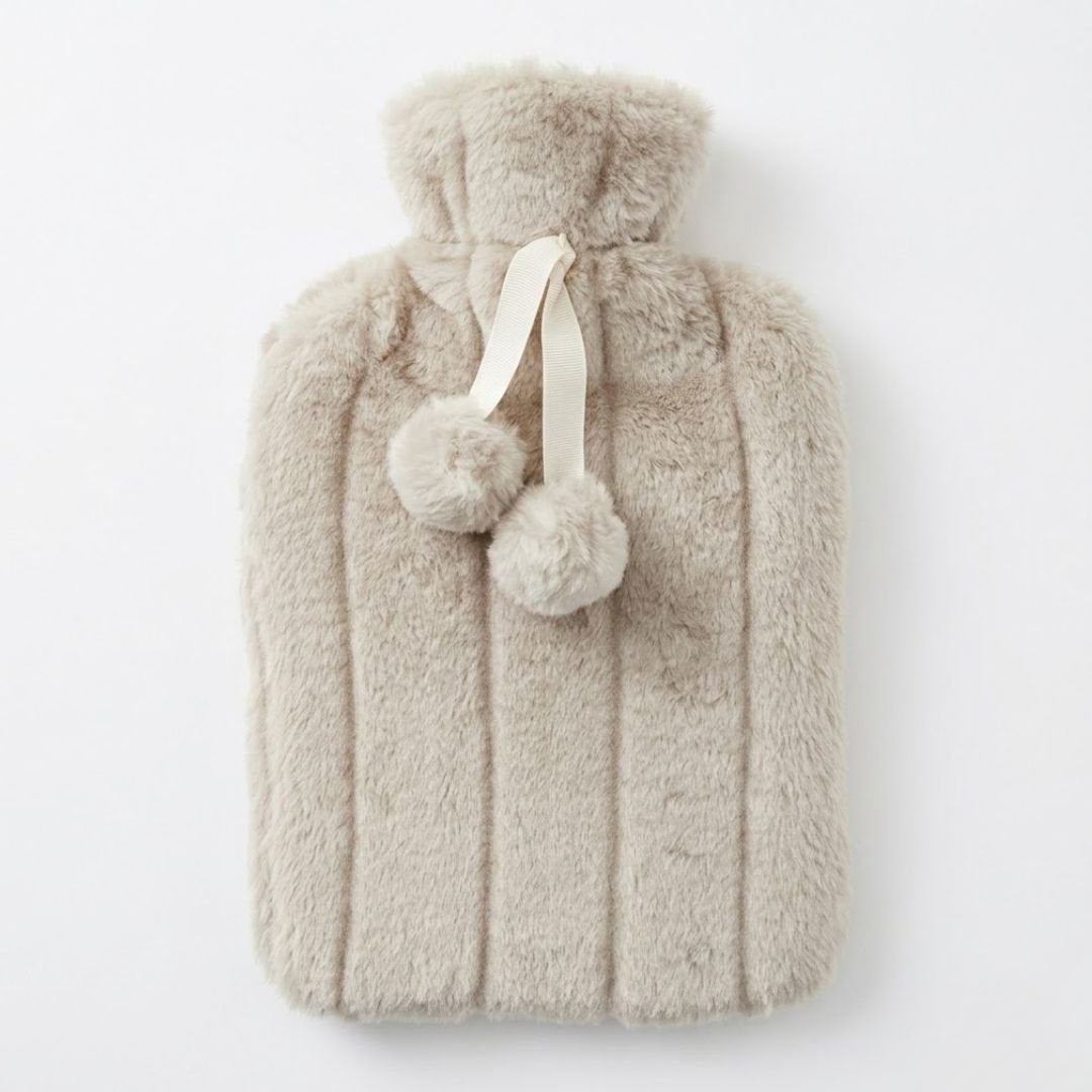 Winter White 2L Faux Fur Hot Water Bottle - Luxury Plush Pom Pom Gift